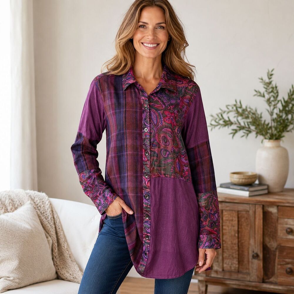 ANU Shirt Womens L/XL Purple Patchwork Paisley Plaid Tunic Button Front Boho Top